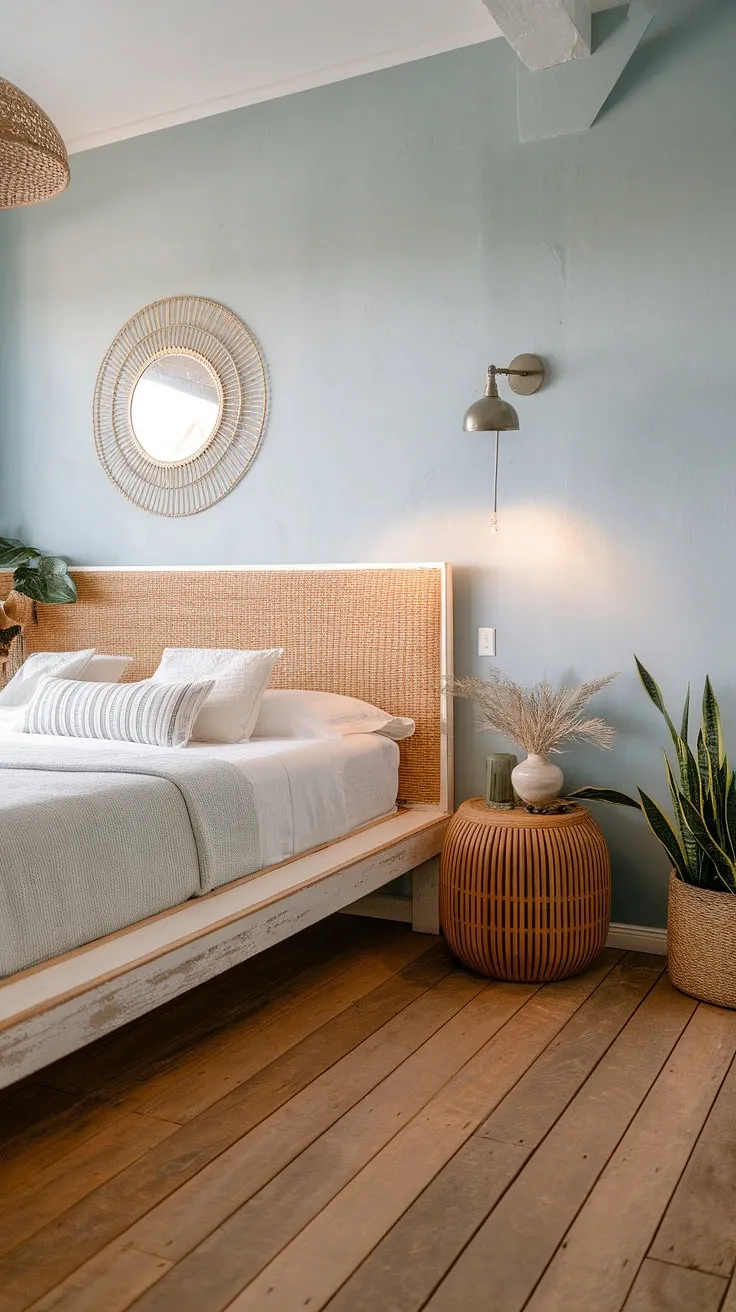 Wake up to the calming rhythm of the ocean in this coastal farmhouse bedroom. The light blue walls, woven textures, and natural wood create a serene boho beach haven, perfect for unwinding after a day exploring the coast. A perfect blend of modern and rustic, this space embodies effortless coastal charm.