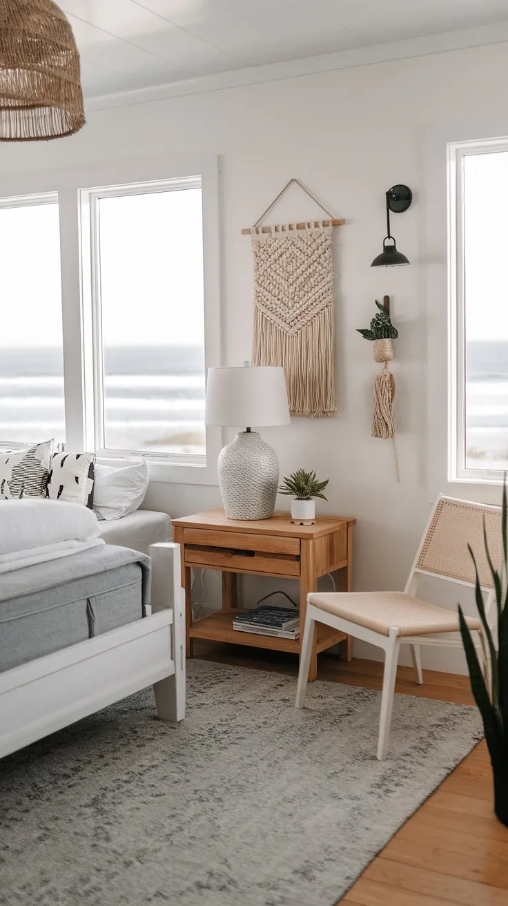 Drift off to sleep in this idyllic coastal retreat. The calming gray and white palette, complemented by woven textures and the gentle rhythm of the ocean waves visible through the expansive windows, creates a peaceful haven. Simple, modern beach home decor completes the tranquil atmosphere, perfect for escaping the everyday.