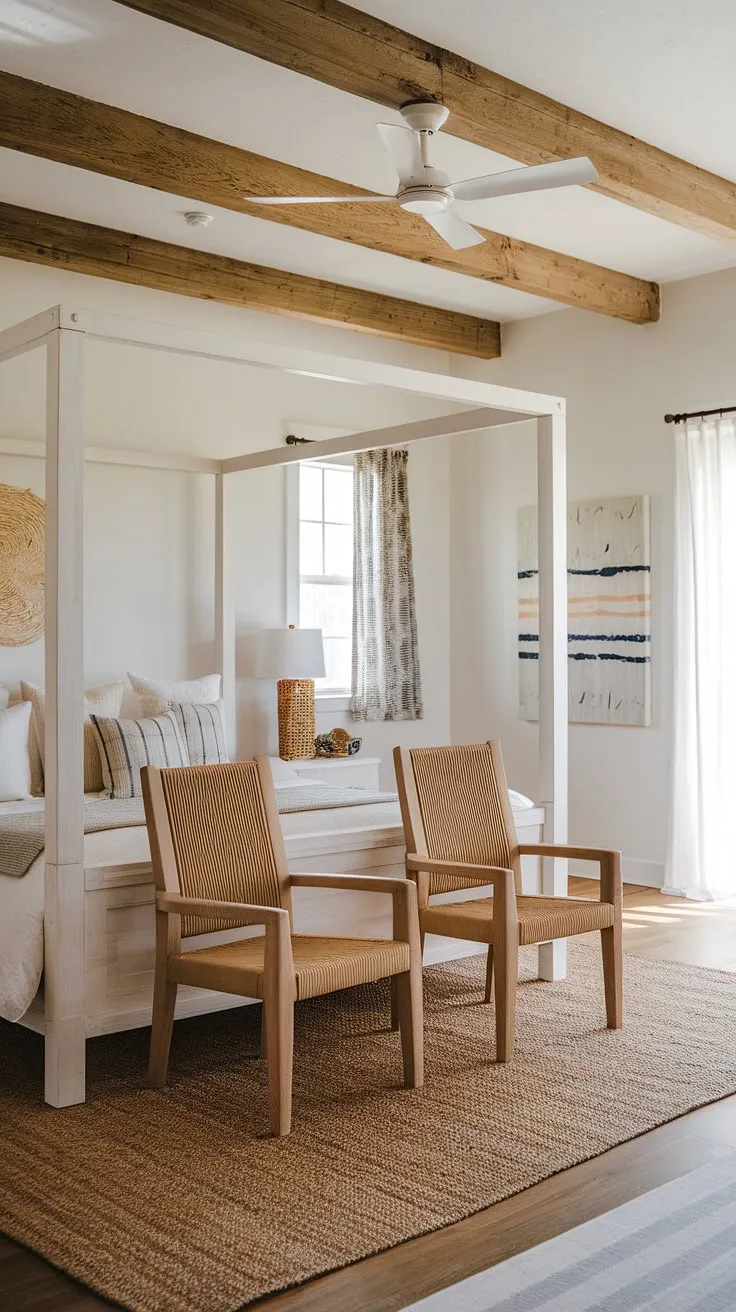 Wake up to the sound of waves in this coastal farmhouse haven. The natural light, woven textures, and calming palette create a serene escape, perfect for unwinding after a day exploring the coast. This bedroom effortlessly blends modern beach home decor with a touch of boho charm, offering a sanctuary of tranquility.