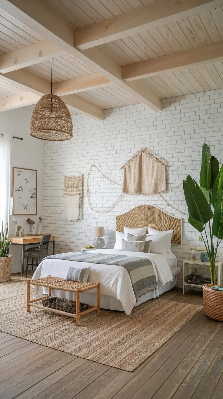 Wake up to the sound of waves and the sight of sun-drenched white brick. This coastal farmhouse bedroom, with its woven textiles, wooden beams, and curated collection of art and plants, is the perfect blend of boho and modern beach home style. A tranquil escape, A sanctuary for the soul, A place to unwind and recharge.