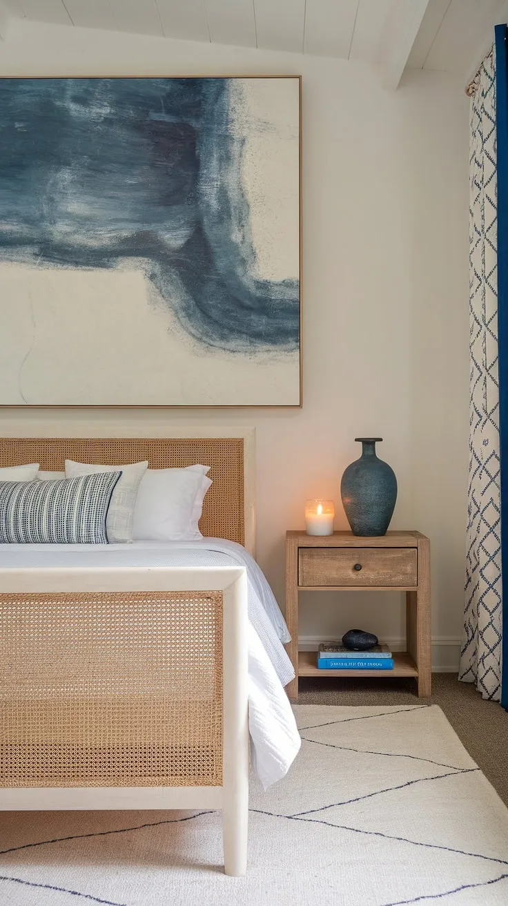 Drift off to sleep in this dreamy boho ocean bedroom. The whitewashed wood, artistic abstract painting, and subtle blue accents evoke a sense of calm and effortless coastal chic. A minimal approach to decor allows the natural light and ocean breeze to truly shine through, creating the perfect coastal boho retreat.