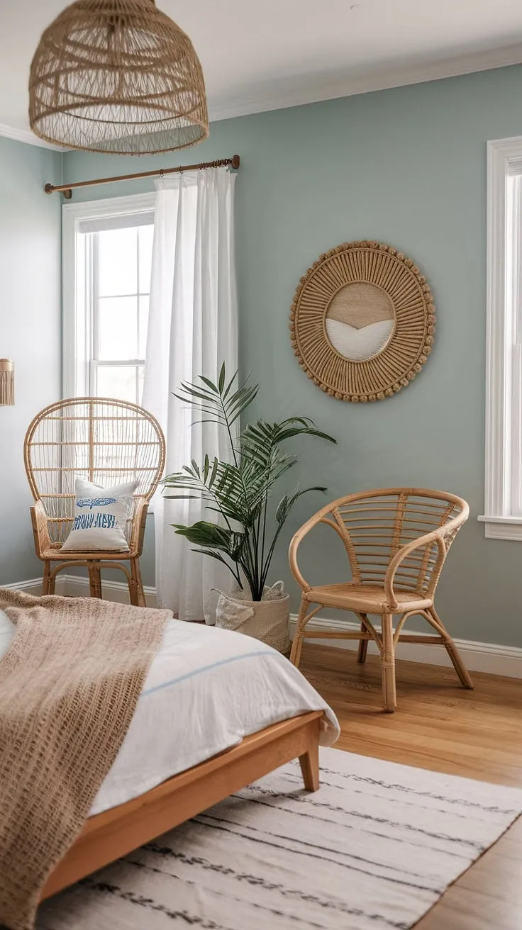 Drift away to the rhythm of the ocean in this calming coastal bedroom. The simple elegance of the wooden bed and rattan chair, combined with the soft blue hues and natural elements, creates a tranquil escape. This minimal yet inviting space is the epitome of coastal boho living.