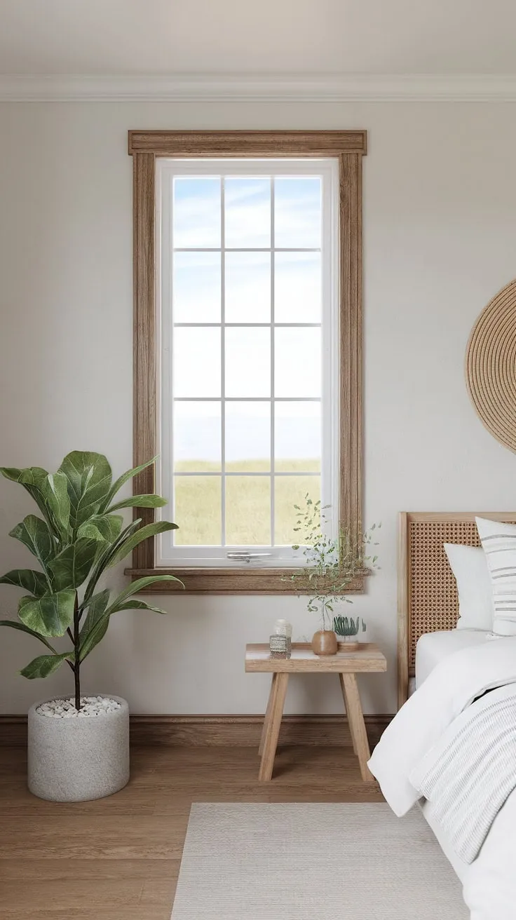 Drift away to the rhythm of the ocean in this tranquil coastal bedroom. Simple elegance meets beachy vibes in this serene space, where natural light floods the room, highlighting the calming white palette and the rustic charm of the wooden floors and window frames. A perfect blend of modern and coastal farmhouse style.