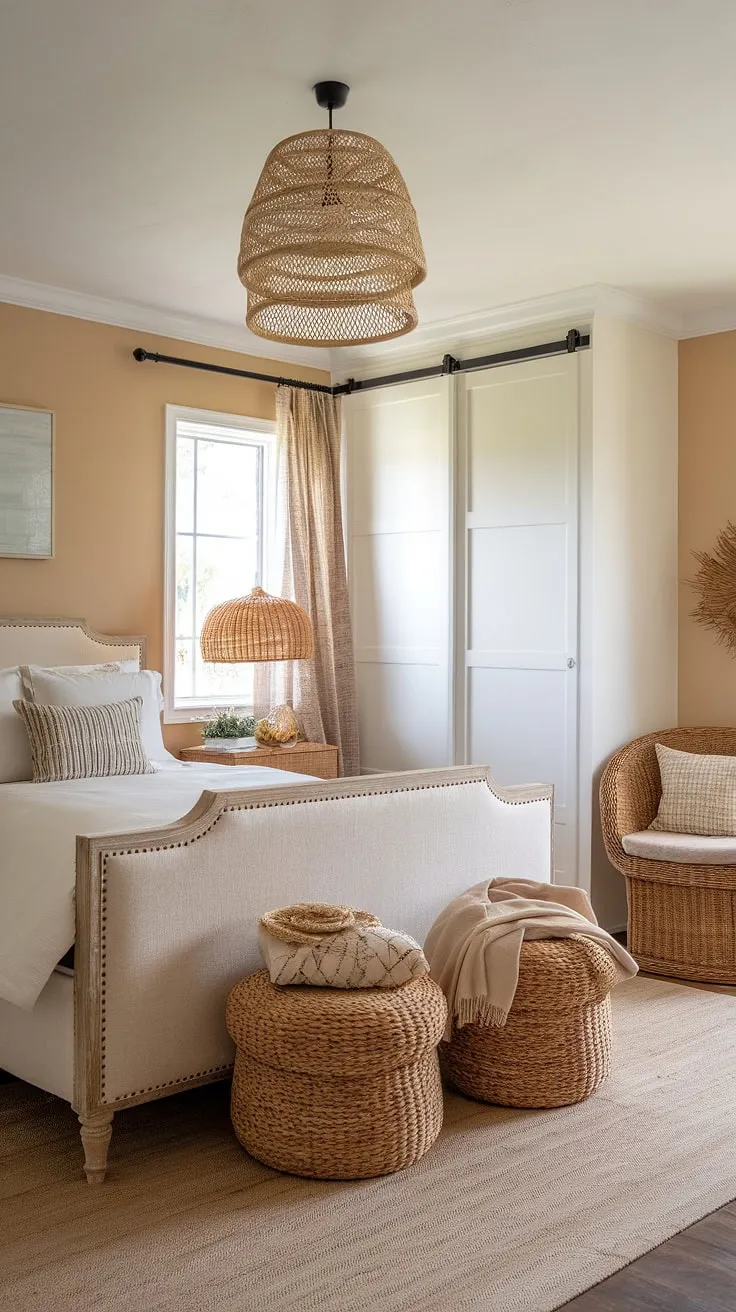 Wake up to the sound of waves in this serene coastal farmhouse bedroom. The soft beige tones, natural textures, and wicker accents create a calming boho ocean vibe, perfect for unwinding after a day exploring the coast. A tranquil escape where comfort meets coastal charm.