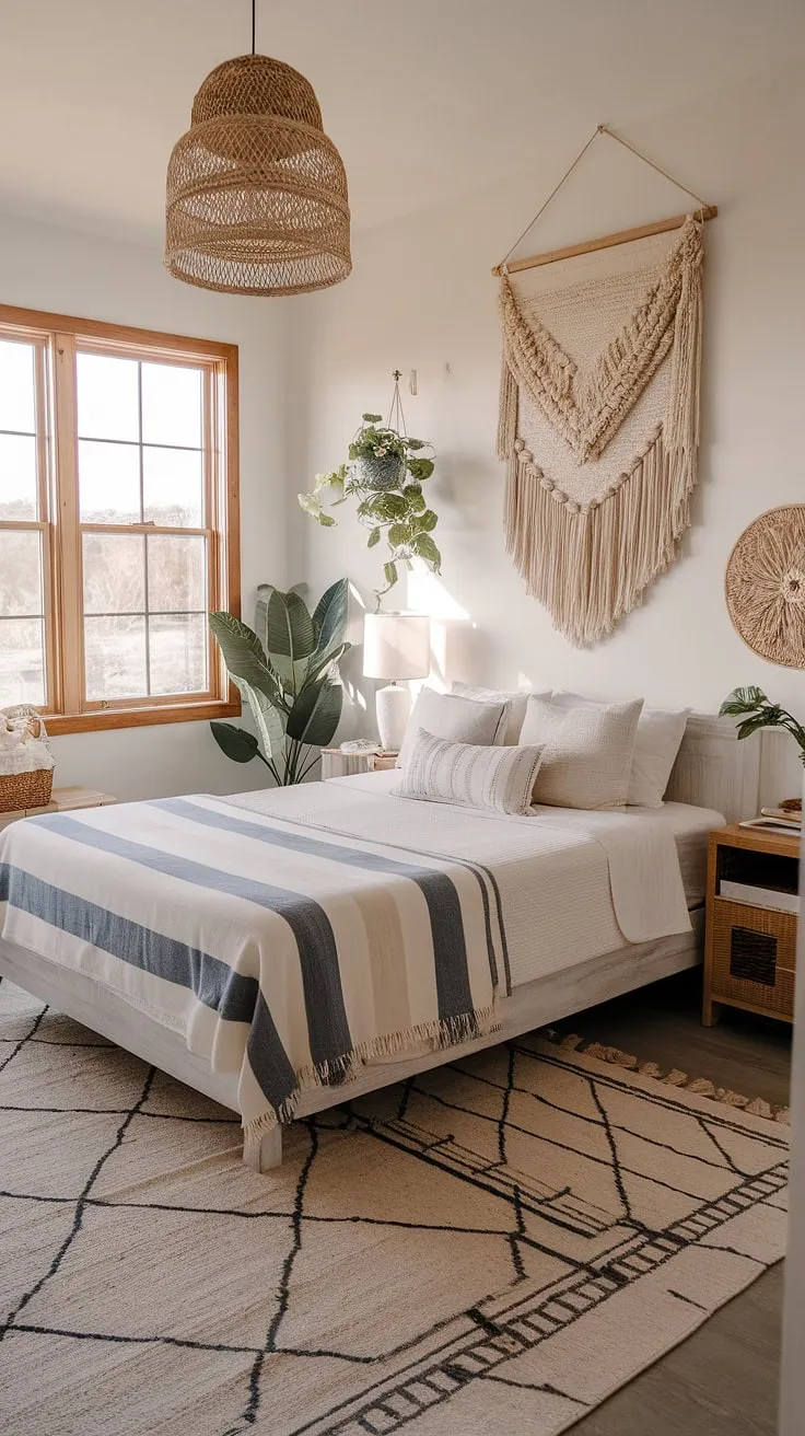 Wake up to the sound of waves and the gentle sea breeze in this coastal farmhouse haven. The minimalist decor, woven textures, and pops of blue create a serene and inviting atmosphere, perfect for unwinding after a day exploring the coast. A tranquil escape where comfort meets coastal charm.
