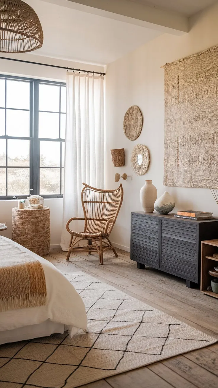 Wake up to the sound of waves and the gentle sea breeze in this coastal farmhouse haven. The woven textures, calming blues, and natural light create a serene escape, perfect for unwinding after a day exploring the coast. A perfect blend of boho and modern beach home decor.