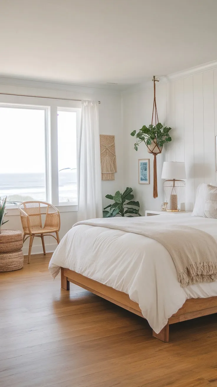Sunlight streams through the large window, illuminating this bright and airy coastal bedroom. The simple yet stylish design, with its white walls and light wood floors, is enhanced by carefully chosen boho accents, creating a tranquil haven where you can unwind and reconnect with nature. A true escape.