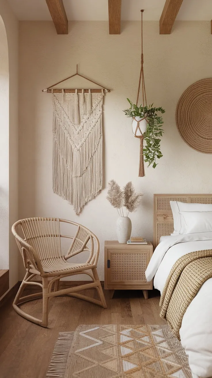 Drift away to sleep in this calming coastal boho haven. Neutral tones, natural materials, and a touch of bohemian flair combine to create a space that's both stylish and utterly relaxing. The perfect blend of modern beach house and tranquil escape.