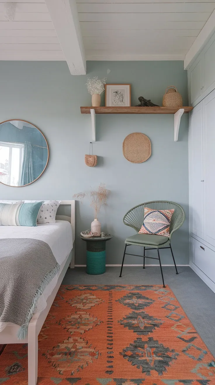 Wake up to the calming rhythm of the ocean in this coastal farmhouse bedroom. Soft blue walls, a woven grey blanket, and pops of orange create a serene boho beach vibe. The minimal coastal decor perfectly complements the space, offering a tranquil retreat.