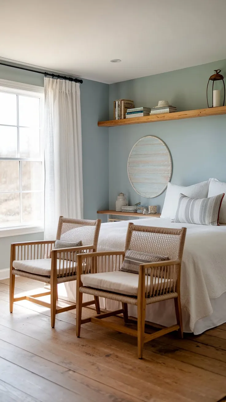 Drift away to the rhythm of the ocean in this beautifully appointed coastal bedroom. The light-filled space boasts a queen-size bed, comfortable seating, and a curated collection of books and decor, all contributing to a peaceful and inviting ambiance. The subtle blue walls and natural wood floors create a harmonious blend of textures and tones, making this the ideal sanctuary for a relaxing getaway.