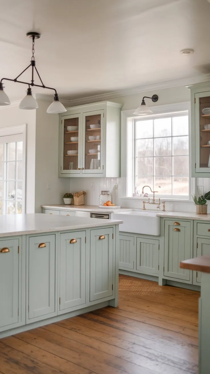 A bright coastal farmhouse kitchen boasts light green and grey cabinets, a large island, and wood floors, creating a modern, airy space.