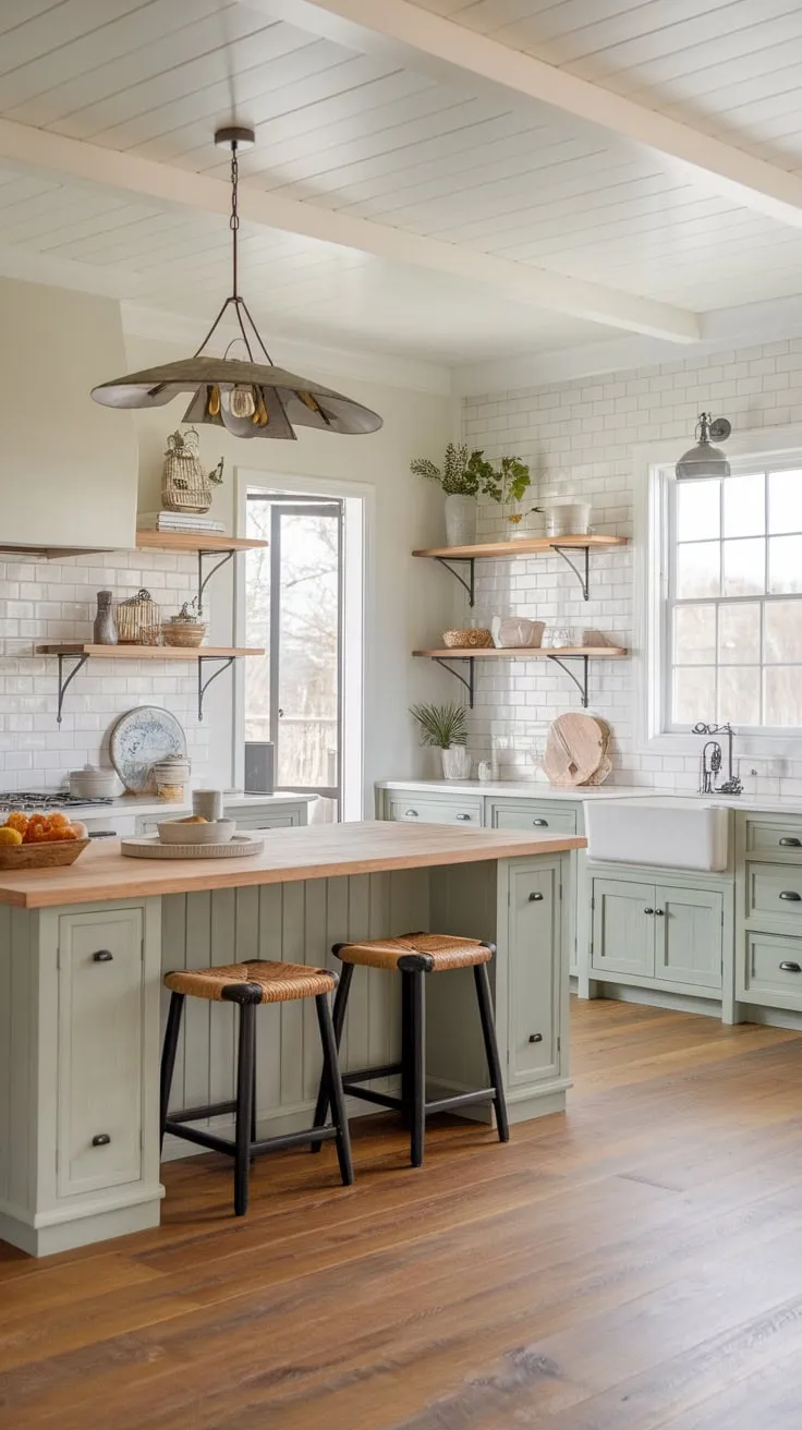 Sunlight streams into a charming coastal farmhouse kitchen featuring light green-grey cabinets, a spacious island, and stylish open shelving.