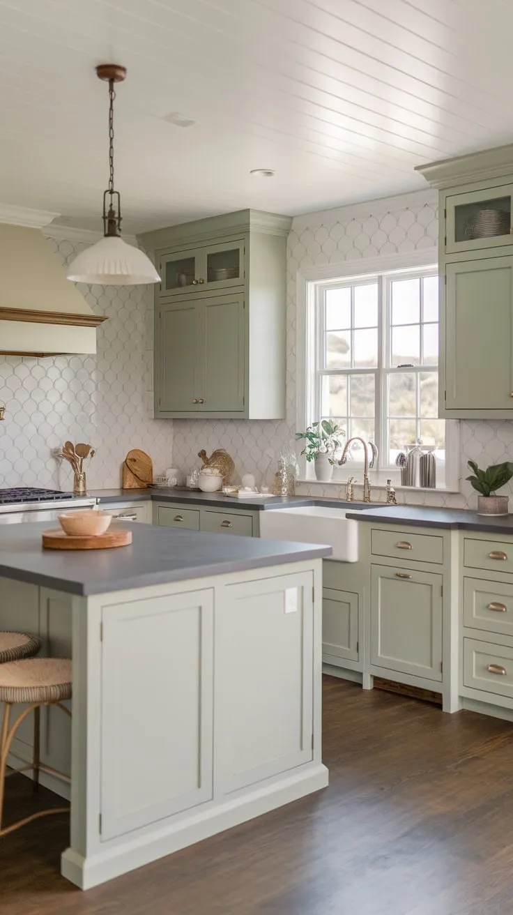 A light green-grey coastal farmhouse kitchen boasts a white island, dark grey countertops, and a view, creating a modern, airy space.