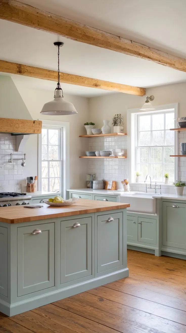 A bright coastal farmhouse kitchen boasts light green-grey cabinets, a butcher block island, and wood floors, creating a modern New England feel.