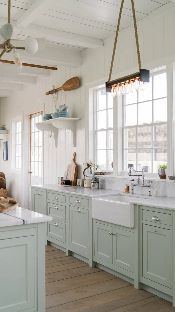Sunlight streams into a charming coastal farmhouse kitchen featuring light green-grey cabinets, marble countertops, and nautical accents.
