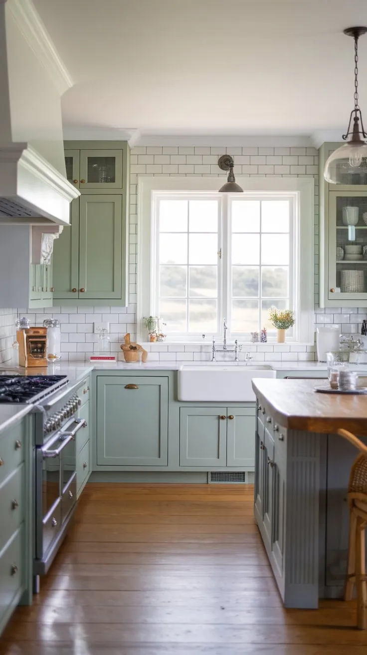 A bright coastal farmhouse kitchen boasts light green and grey cabinets, a large island, and a farmhouse sink bathed in natural light.
