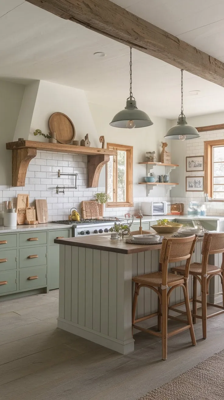 Warm lighting illuminates a modern coastal farmhouse kitchen featuring light green and grey cabinets, a large island with seating, and charming wooden accents.