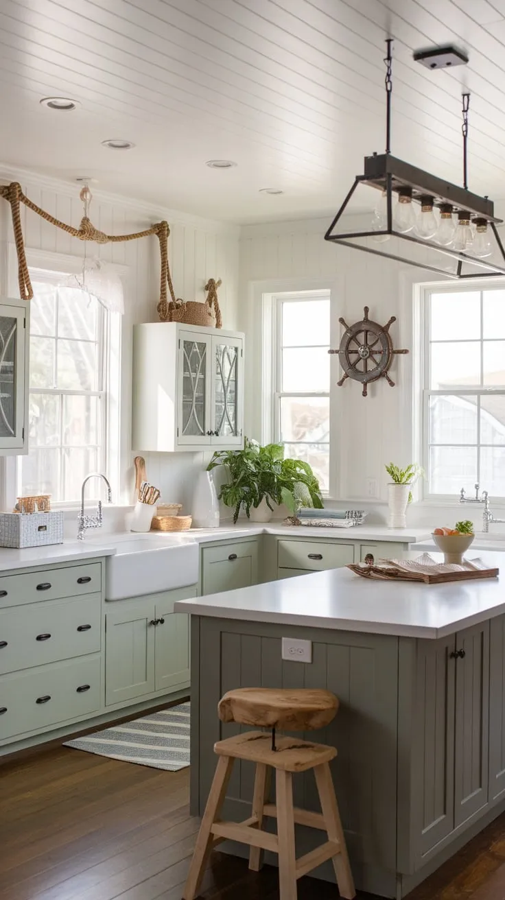 Sunlit coastal farmhouse kitchen boasts light green-grey cabinets, a dark grey island, and charming nautical accents.