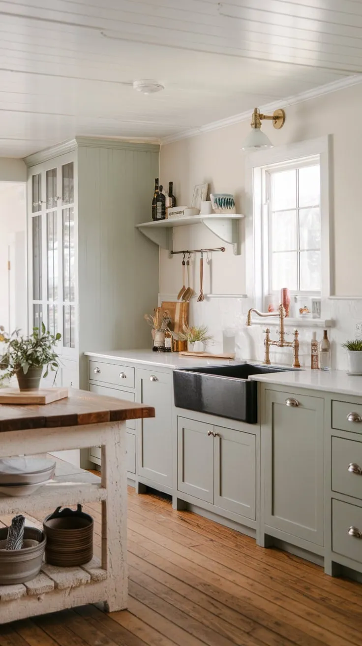 A light green-grey coastal farmhouse kitchen boasts a white quartz countertop, black farmhouse sink, and wooden island, bathed in natural light.