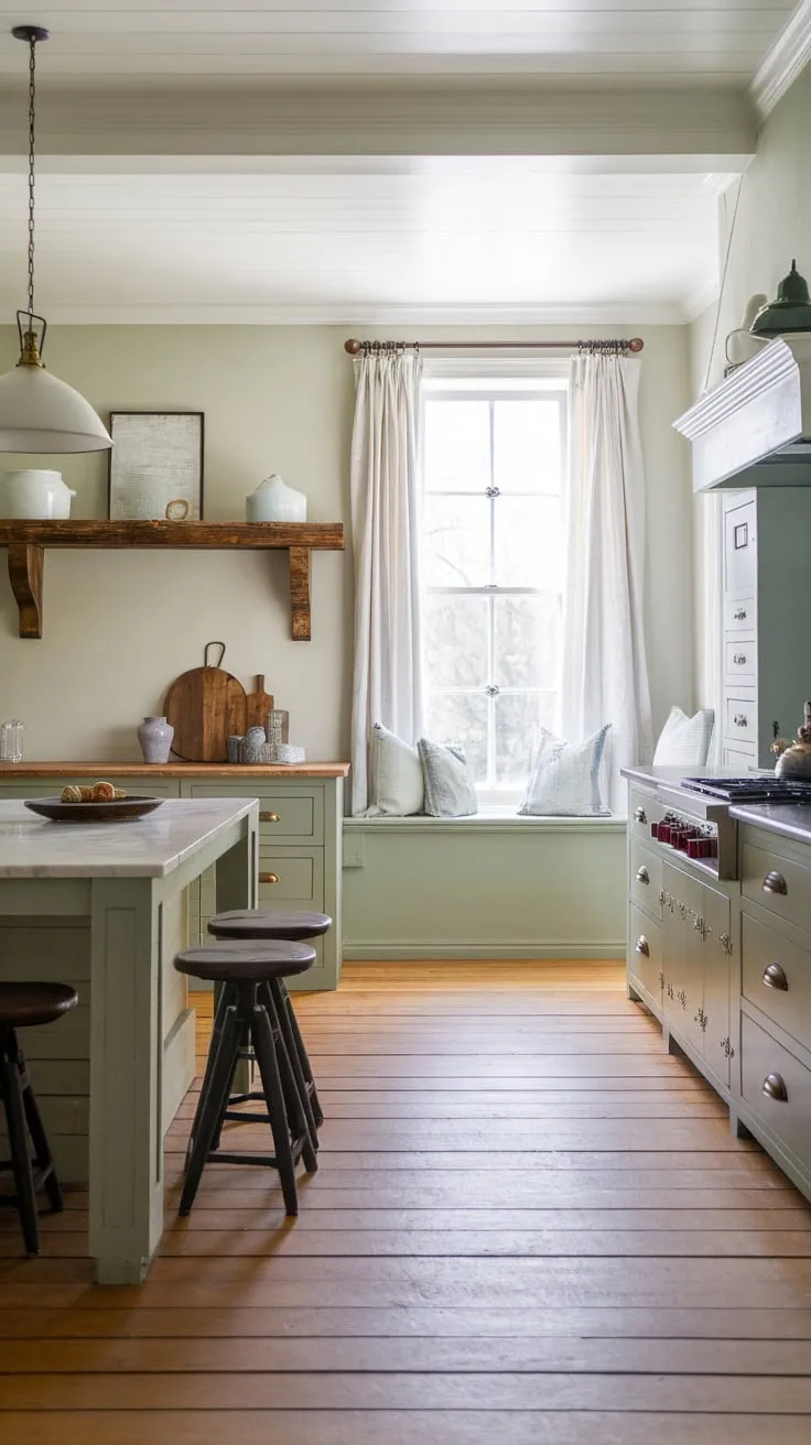 A spacious coastal farmhouse kitchen boasts a marble island, wooden floors, and soft natural light, exuding calm sophistication.