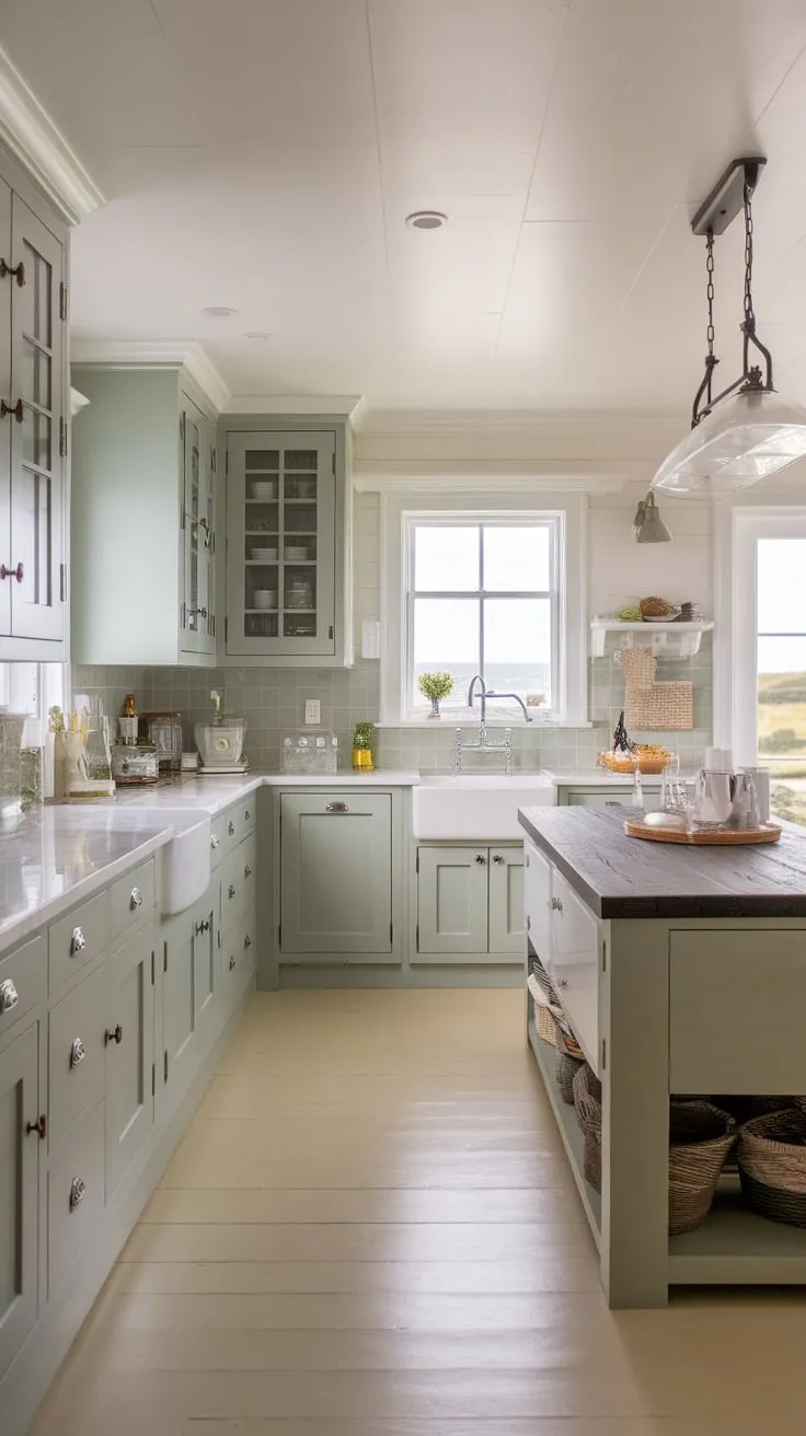 A farmhouse sink, dark island, and light wood floors complete this airy coastal kitchen's charm.