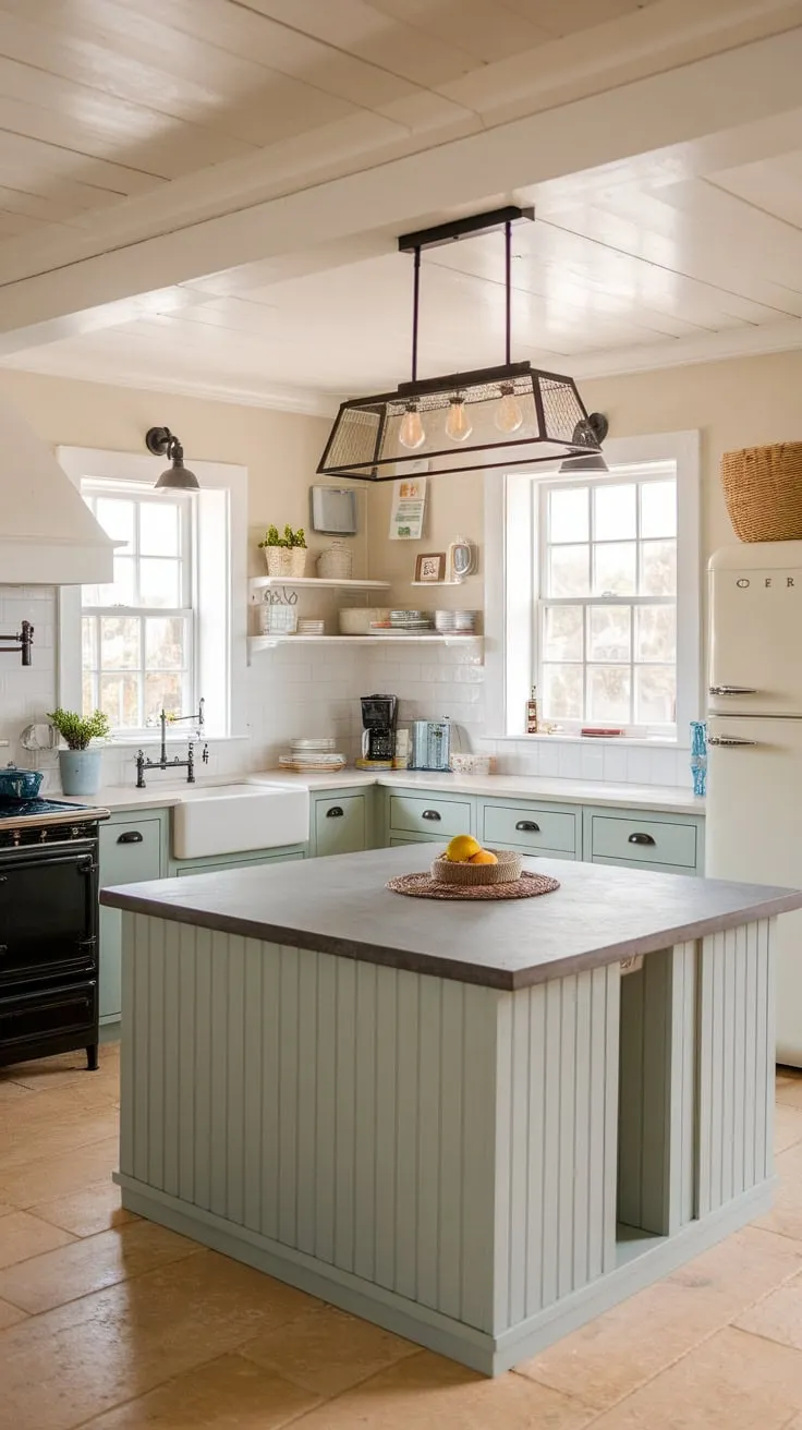 Sunlight streams into a charming coastal farmhouse kitchen featuring light green and grey cabinets, a grey island, and a modern design.