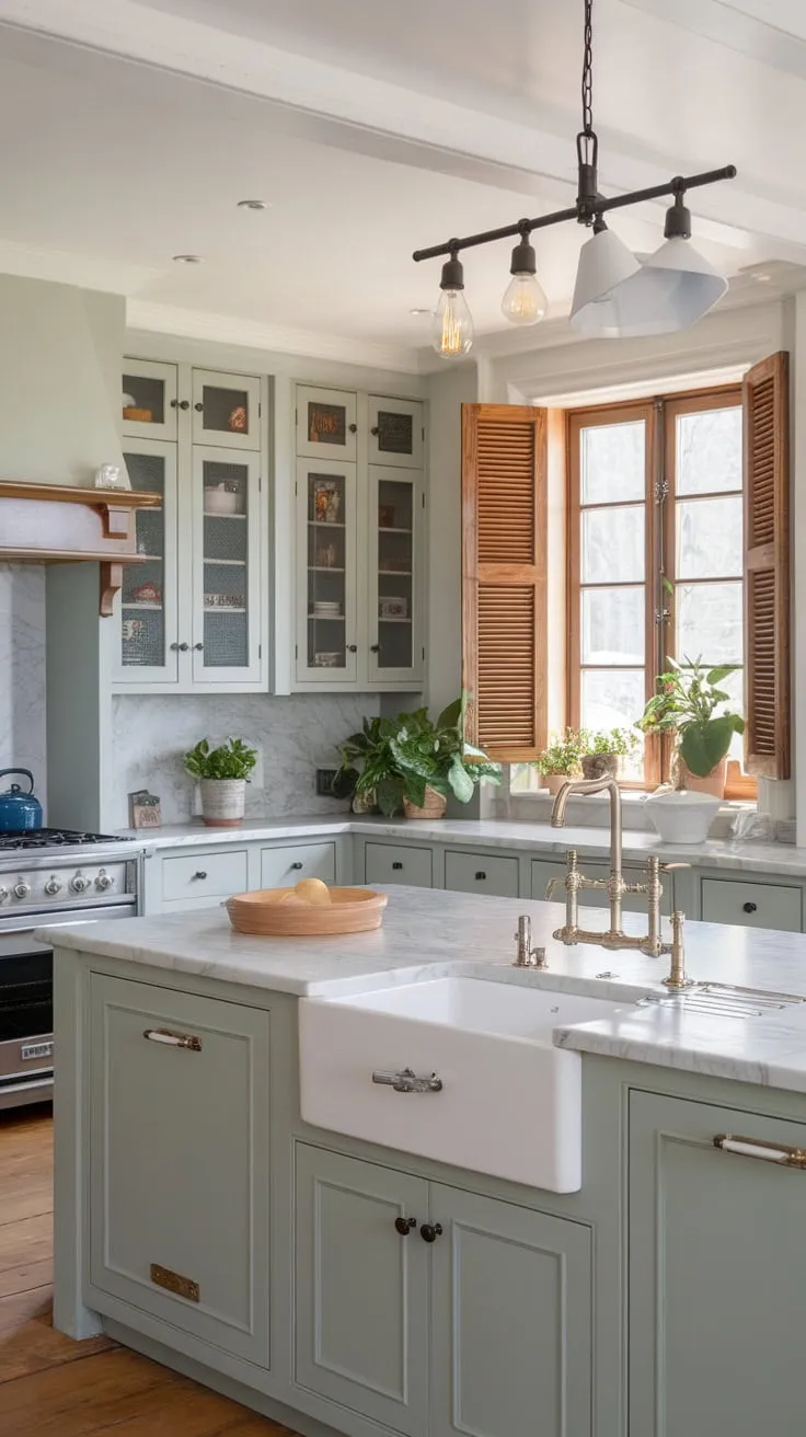 A light green-grey coastal farmhouse kitchen boasts a marble-topped island, wood floors, and charming window shutters.