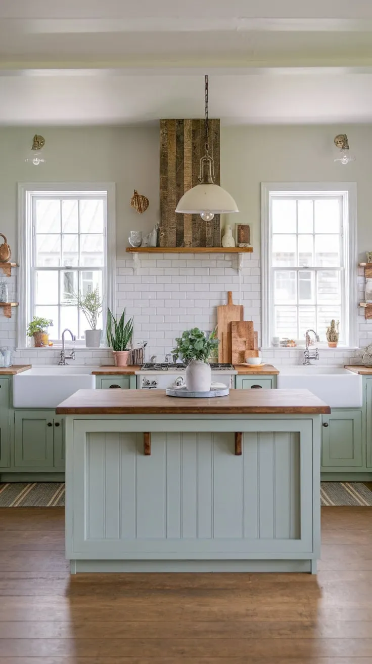 A bright coastal farmhouse kitchen boasts light green and grey cabinets, a large island, and wood floors, creating a modern, airy space.