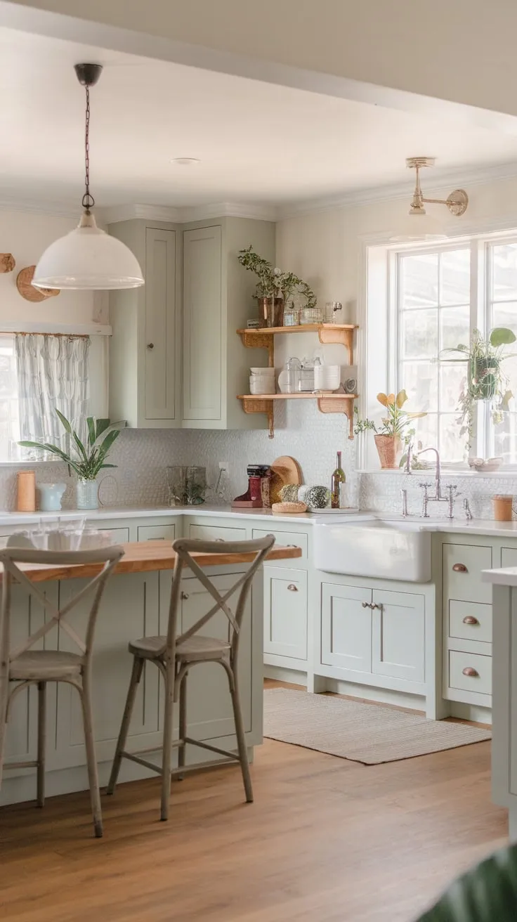Sunlight streams into a coastal farmhouse kitchen featuring light green-grey cabinets, a large island, and a textured backsplash, creating a modern and airy space.