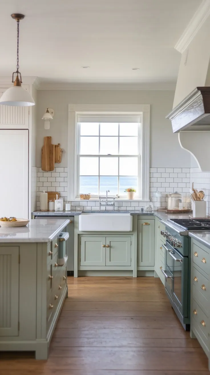 Ocean views and natural light brighten a modern coastal farmhouse kitchen featuring light green and grey cabinets, a marble island, and a farmhouse sink.