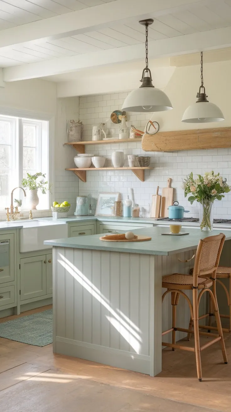 Natural light floods a modern coastal farmhouse kitchen featuring light green-grey cabinets, a large island, and tasteful décor.