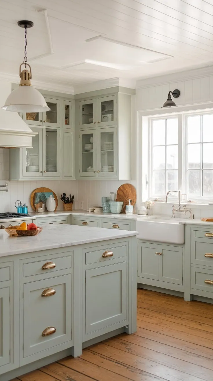Sunlight streams into a charming coastal farmhouse kitchen featuring light green-grey cabinets, a marble-topped island, and a farmhouse sink.