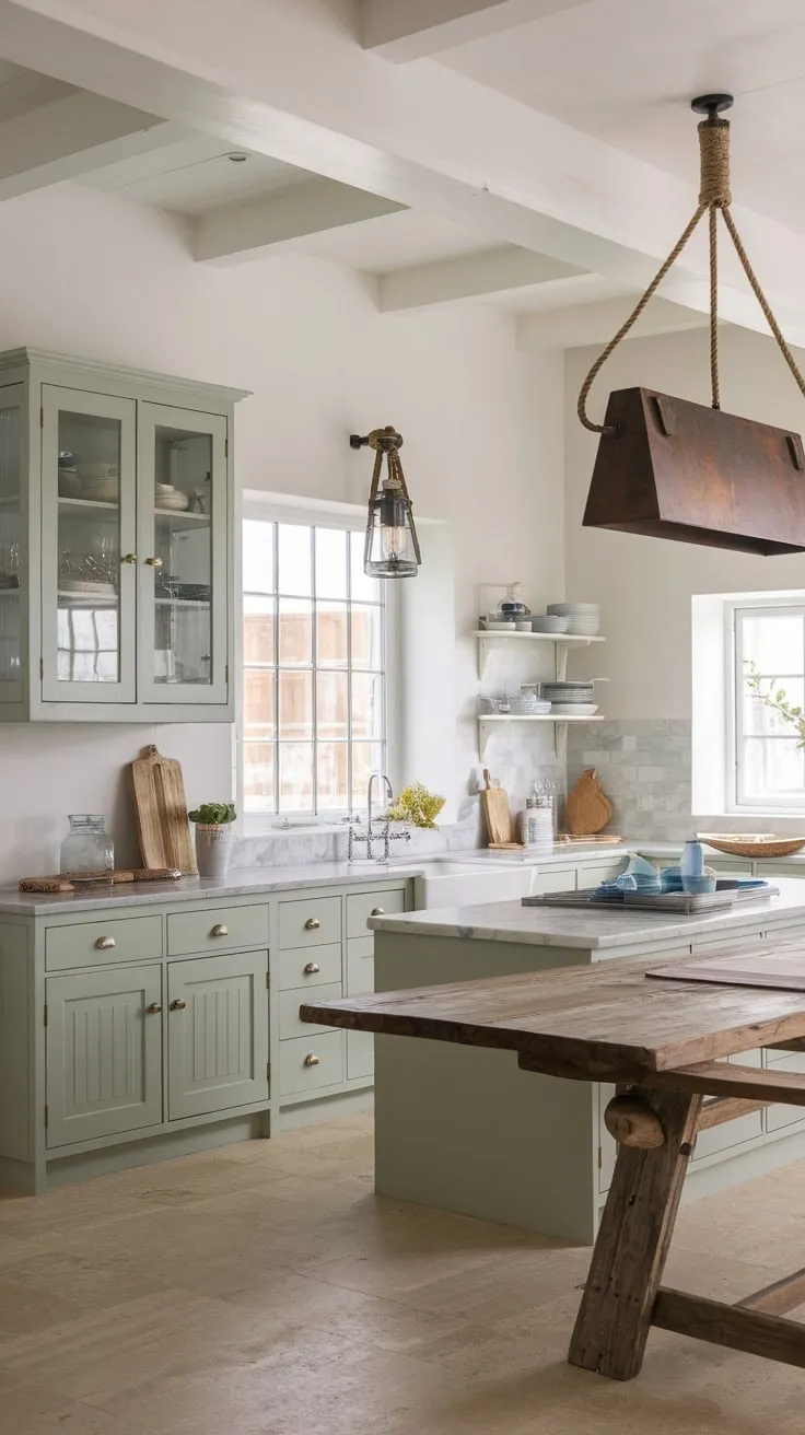 A bright coastal farmhouse kitchen boasts light green-grey cabinets, marble countertops, and a large island, perfectly blending modern and nautical styles.