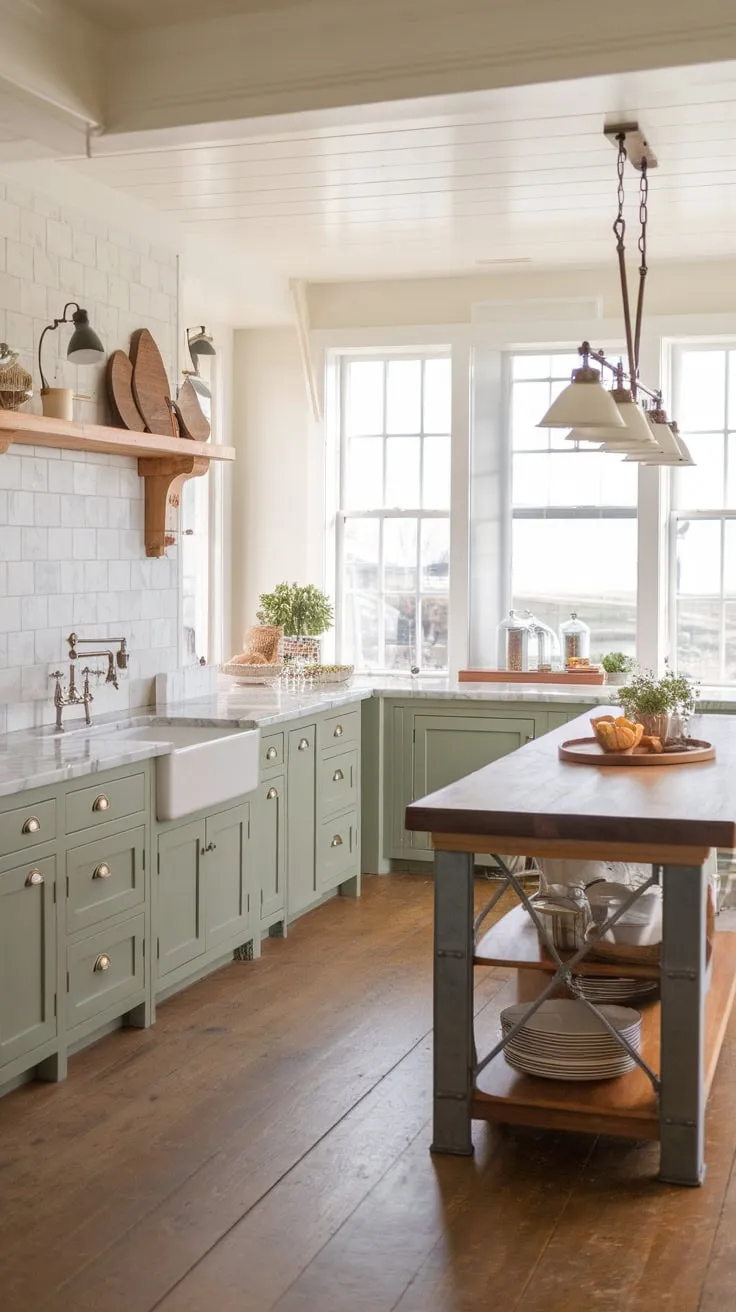 Natural light floods a coastal farmhouse kitchen featuring light green-grey cabinets, marble countertops, and a wood-topped island.
