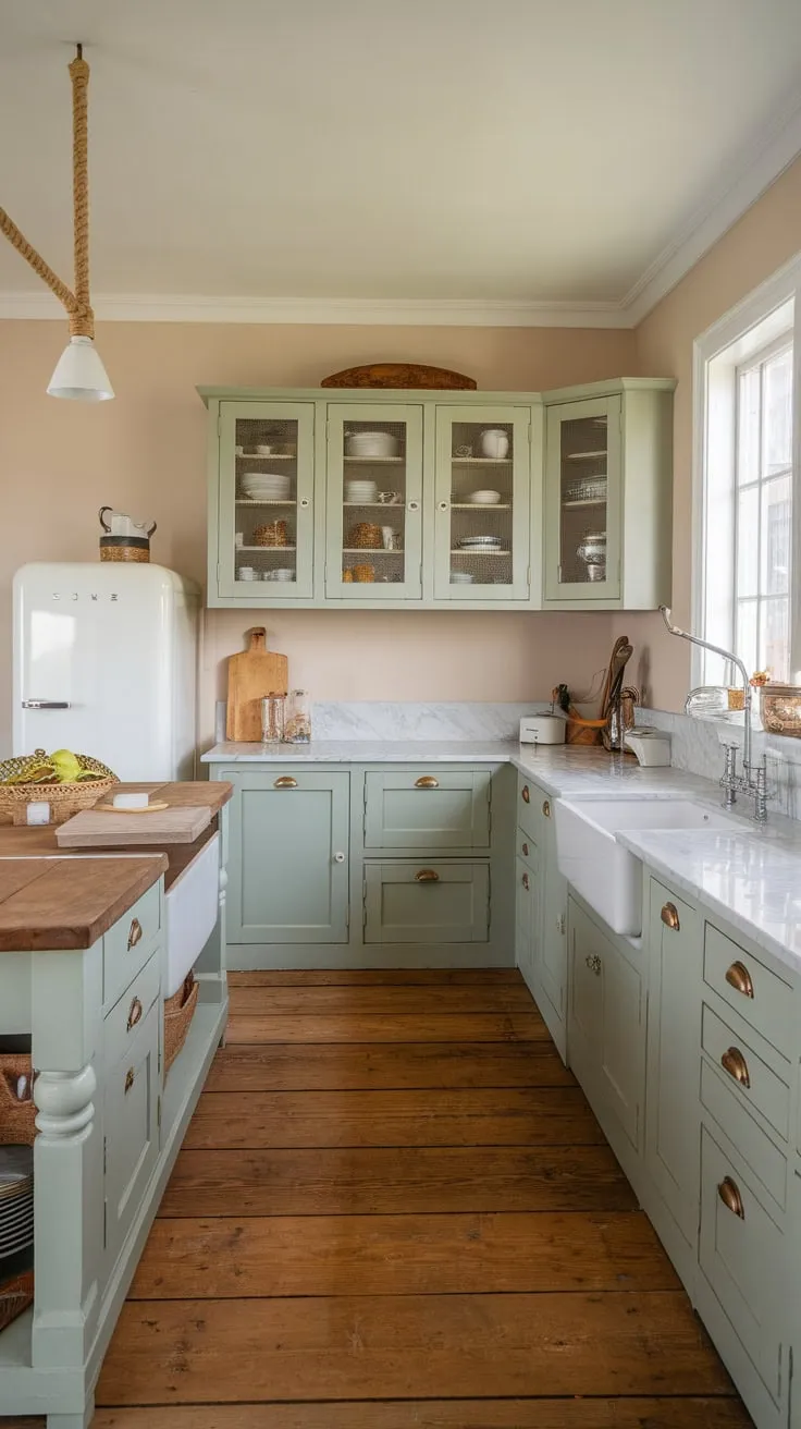 A light green-grey coastal farmhouse kitchen boasts a marble countertop, wooden island, and rope pendant light, creating a modern, airy space.