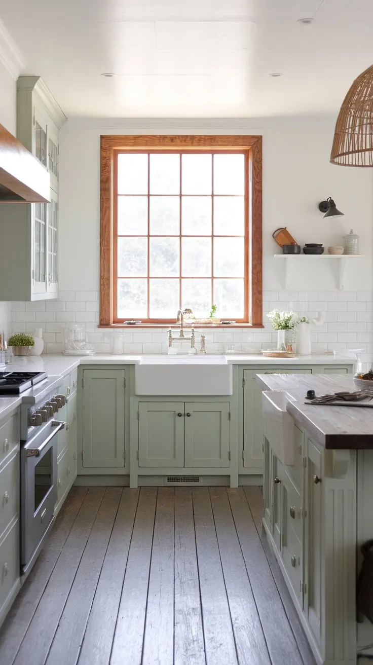Sunlight streams into a bright coastal farmhouse kitchen featuring light green-grey cabinets, a weathered wood floor, and a large island with a dark wood top.