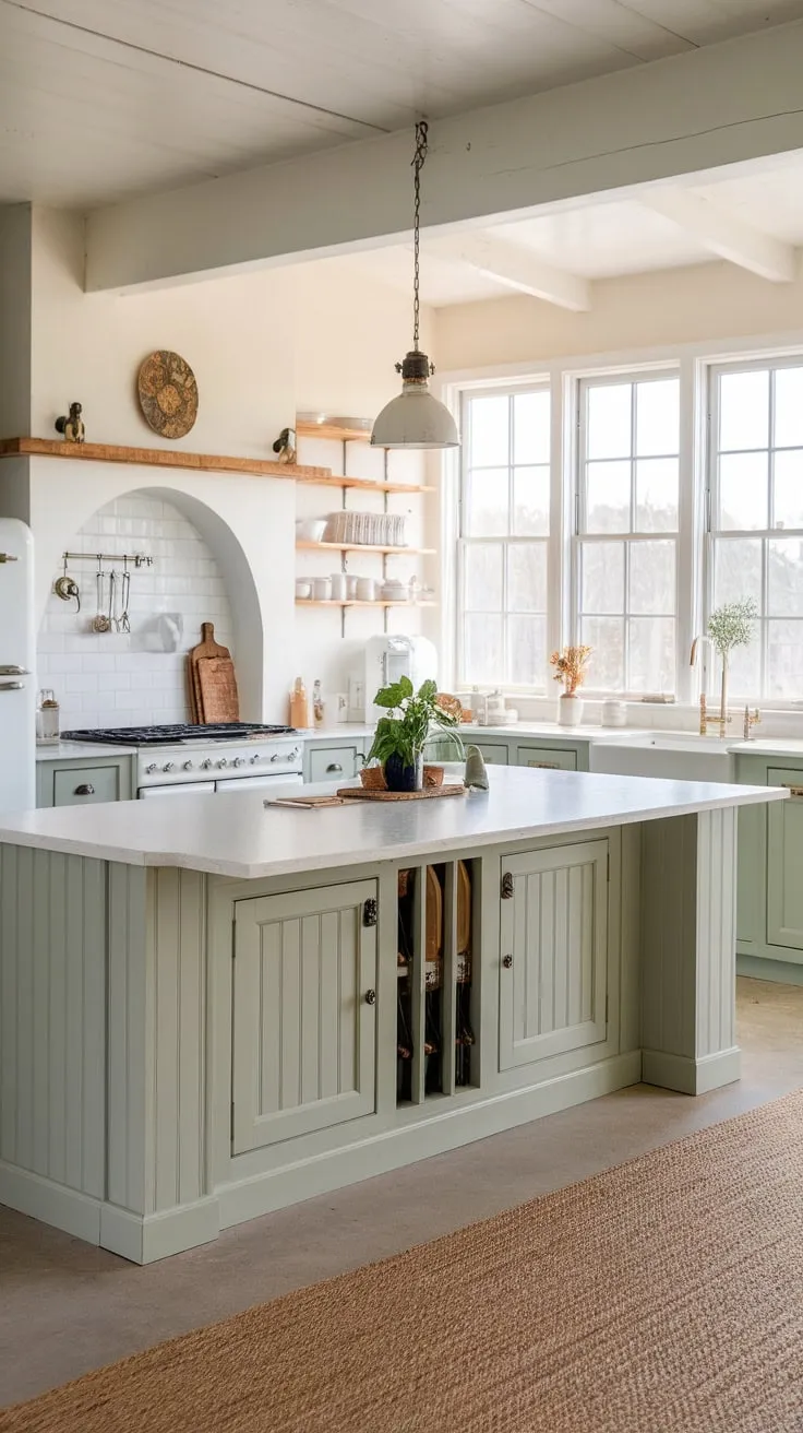 Natural light floods a serene coastal farmhouse kitchen featuring light green-grey cabinets, a white countertop, and a spacious island.