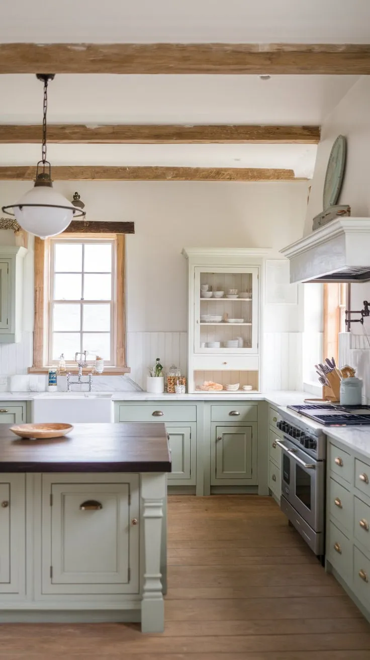 A bright coastal farmhouse kitchen boasts light green-grey cabinets, white marble countertops, and a large island under a statement light fixture.