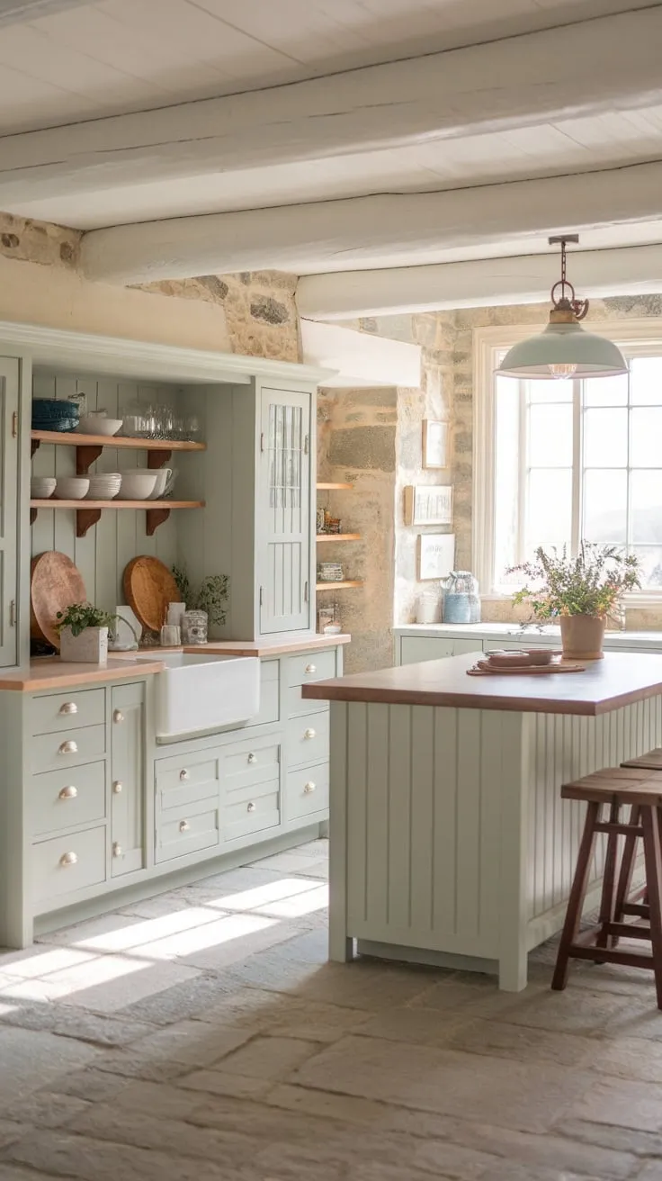 Sunlit stone floors and light green-grey cabinets create a charming New England coastal farmhouse kitchen.