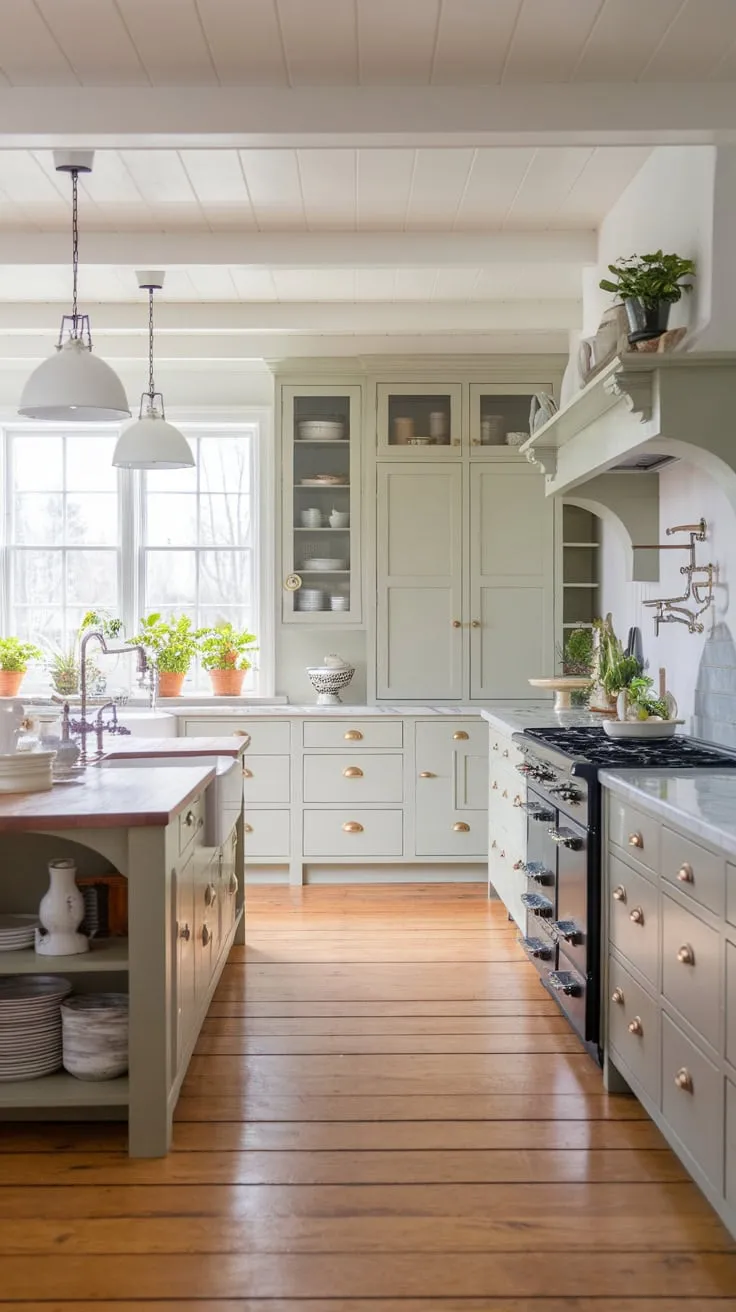 Sunlit coastal farmhouse kitchen boasts a spacious island, marble countertops, and light green-grey cabinets, creating a modern, airy feel.