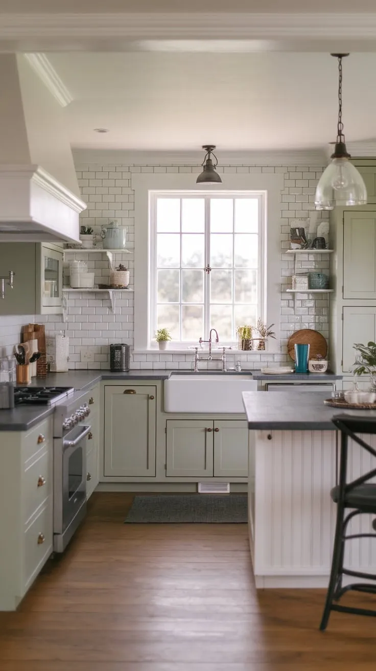 Sunlight streams into a coastal farmhouse kitchen featuring light green-grey cabinets, a white island, and dark grey countertops, creating a bright and airy space.