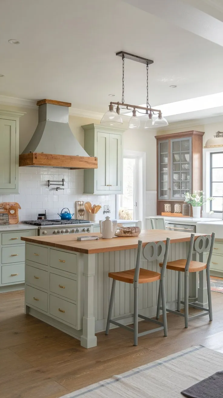 Sunlight streams into a bright coastal farmhouse kitchen featuring light green and grey cabinets, a large center island, and a modern design.