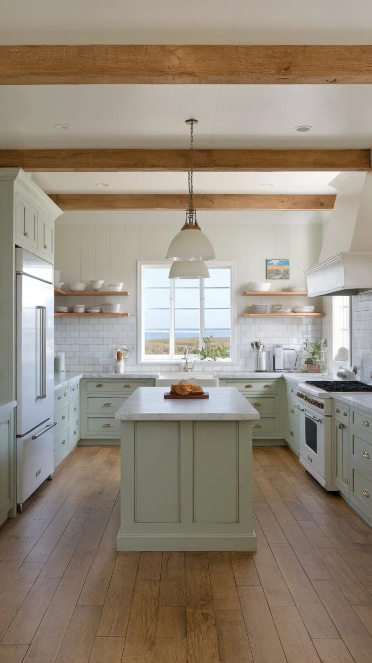 A light-filled coastal farmhouse kitchen boasts green-grey cabinets, marble countertops, and a large island overlooking a stunning coastal view.