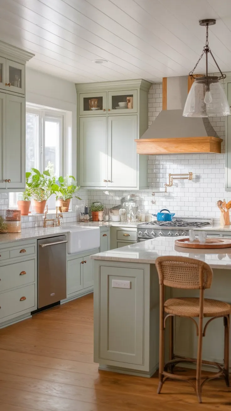 Sunlight streams into a charming coastal farmhouse kitchen featuring light green-grey cabinets, a quartz island, and subway tile backsplash.