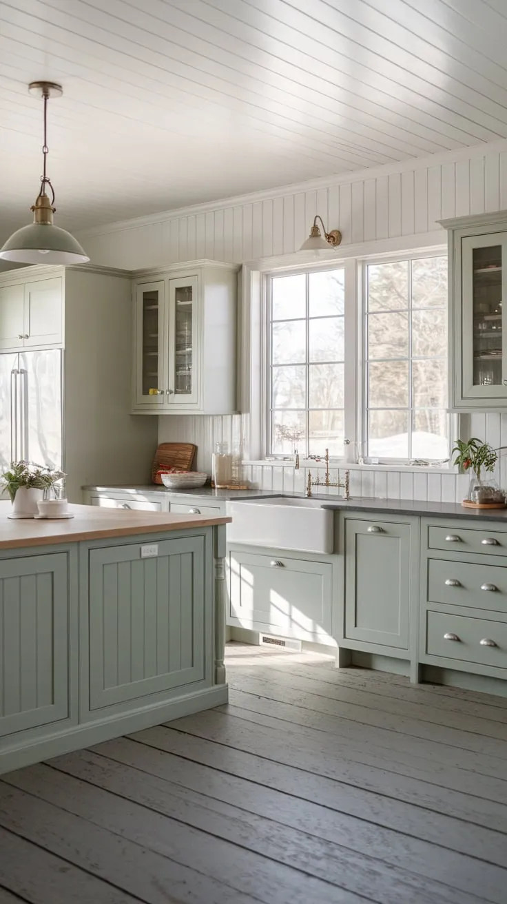 Sunlight streams into a charming New England coastal farmhouse kitchen featuring light green and grey cabinetry, a spacious island, and wide-plank grey wood floors.