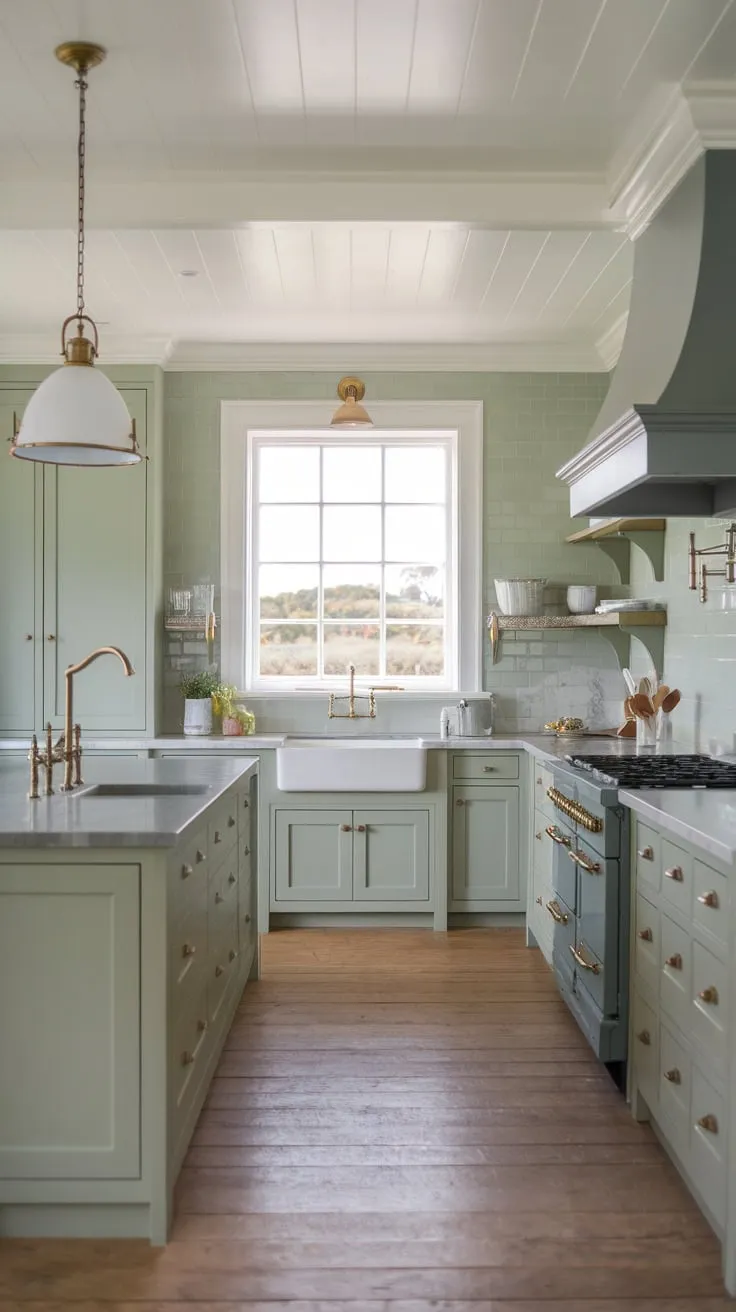 A modern coastal farmhouse kitchen boasts a spacious grey marble island, light green-grey cabinetry, and abundant natural light creating a serene atmosphere.