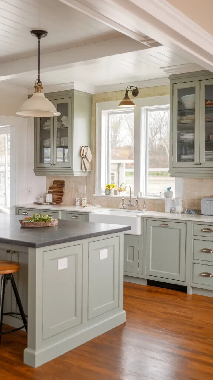 New England coastal style meets modern farmhouse in a kitchen featuring light grey cabinets, a dark island, and a view to inspire.
