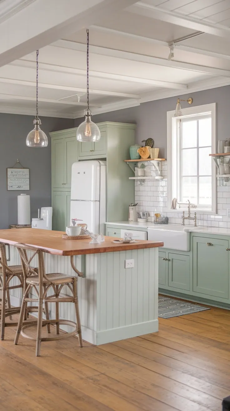 A light green and grey coastal farmhouse kitchen boasts a large wooden island, pendant lighting, and white appliances, creating a bright and airy space.