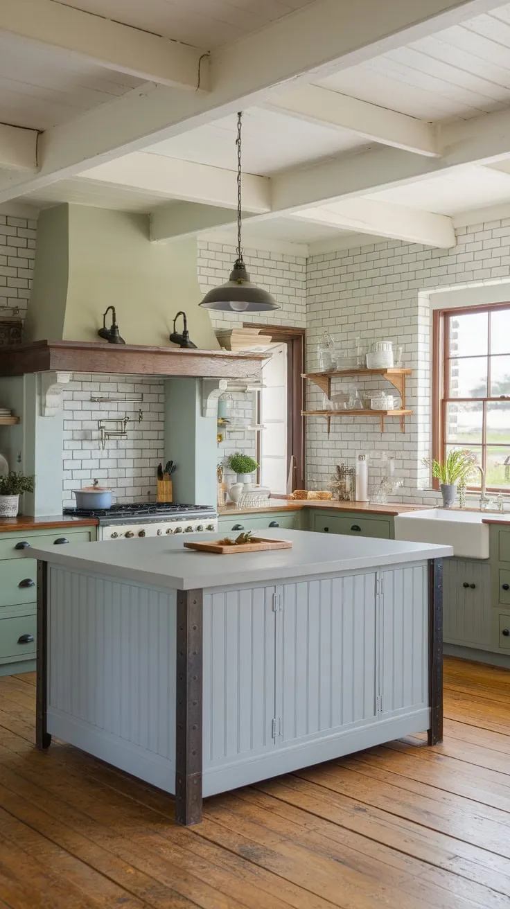 A light green and grey coastal farmhouse kitchen boasts a modern island, white brick walls, wood floors, and a view.