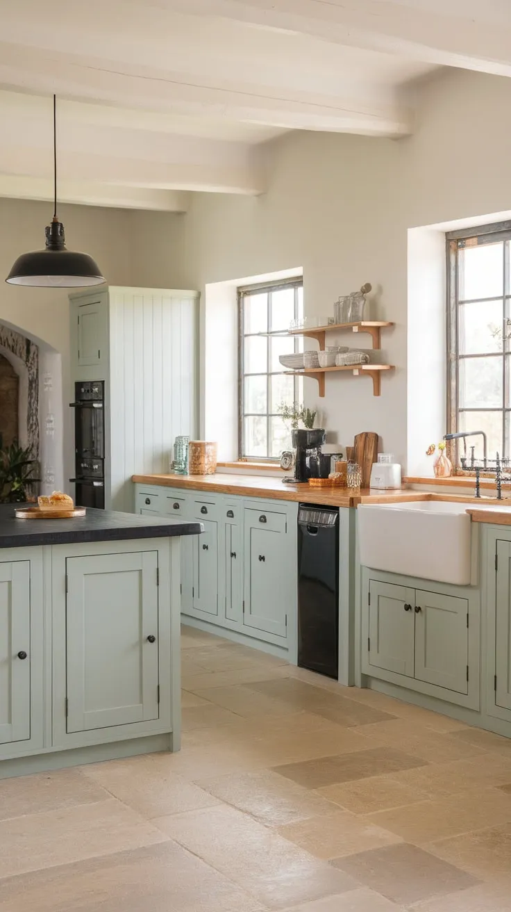 Sunlight streams into a serene coastal farmhouse kitchen featuring light green-gray cabinets, a black-topped island, and a farmhouse sink.